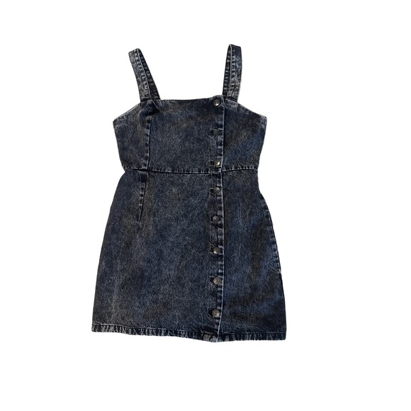 Women M Divided H&M Washed Black Denim Jean MIni Dress Bib Overall Button Front - Picture 1 of 5
